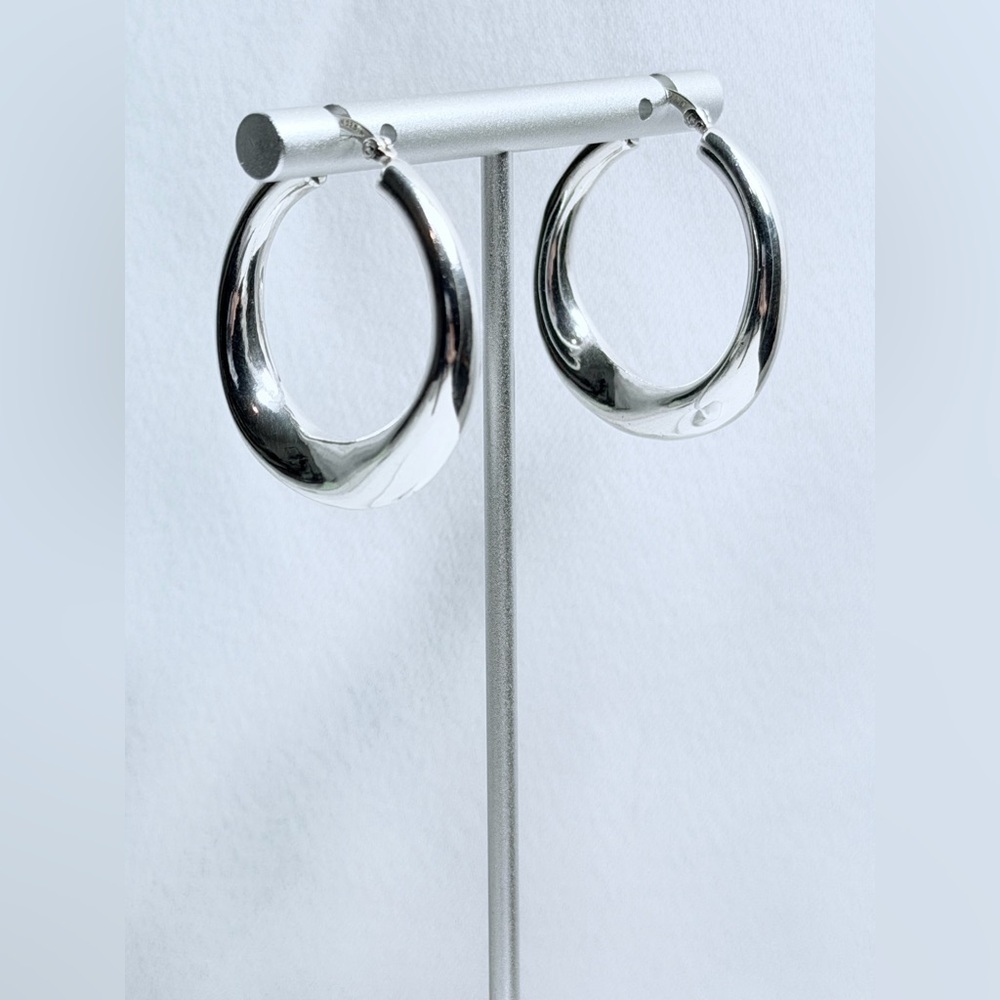 Vintage Sterling Silver Polished Medium Puffy Lopsided Hoop Earrings - Picture 3 of 16